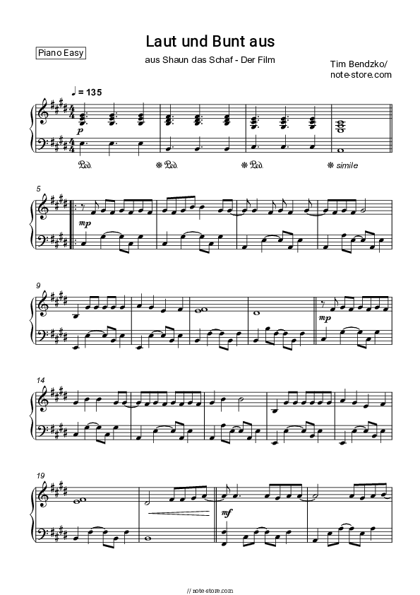 Laut Und Bunt - Tim Bendzko Piano Sheet Music Easy - Piano.Easy