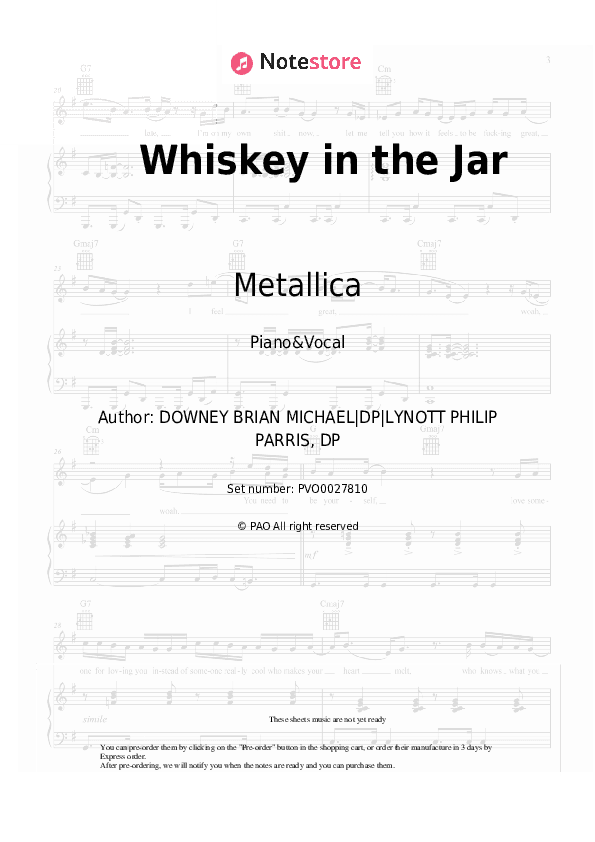 Whiskey in the Jar - Metallica Piano Sheet Music with the Voice part - Piano&Vocal