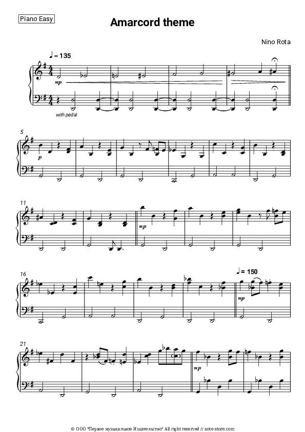 Amarcord theme - Nino Rota Piano Sheet Music Easy - Piano.Easy