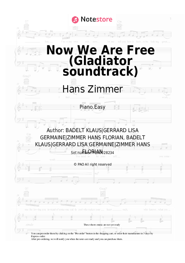 Now We Are Free (Gladiator soundtrack) - Hans Zimmer, Klaus Badelt, Lisa Gerrard Piano Sheet Music Easy - Piano.Easy