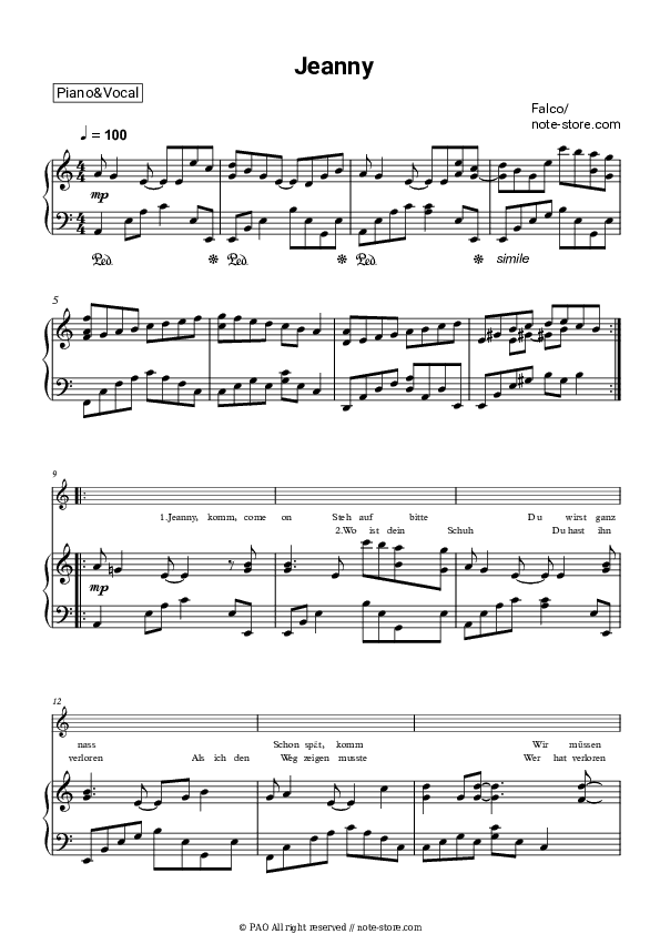 Jeanny - Falco Piano Sheet Music with the Voice part - Piano&Vocal