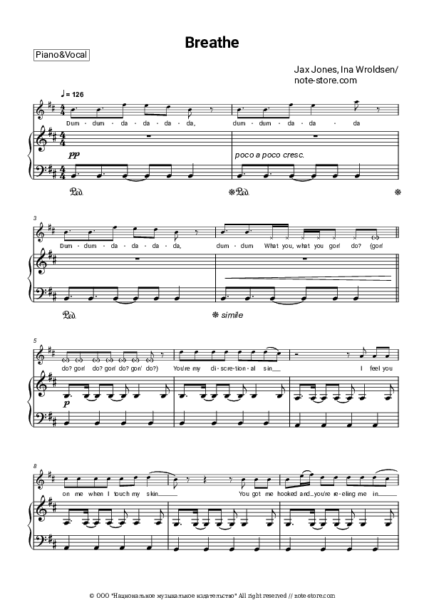 Breathe - Jax Jones, Ina Wroldsen Piano Sheet Music with the Voice part - Piano&Vocal