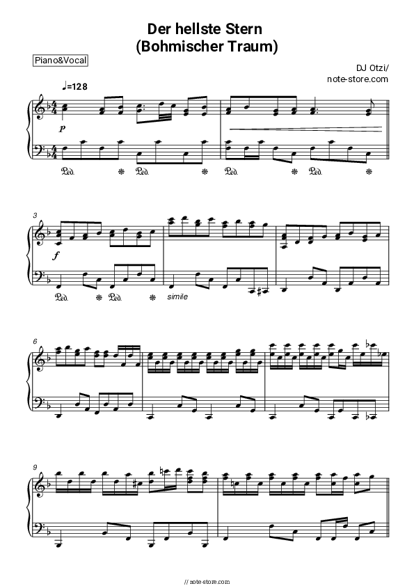 Der hellste Stern (Bohmischer Traum) - DJ Ötzi Piano Sheet Music with the Voice part - Piano&Vocal