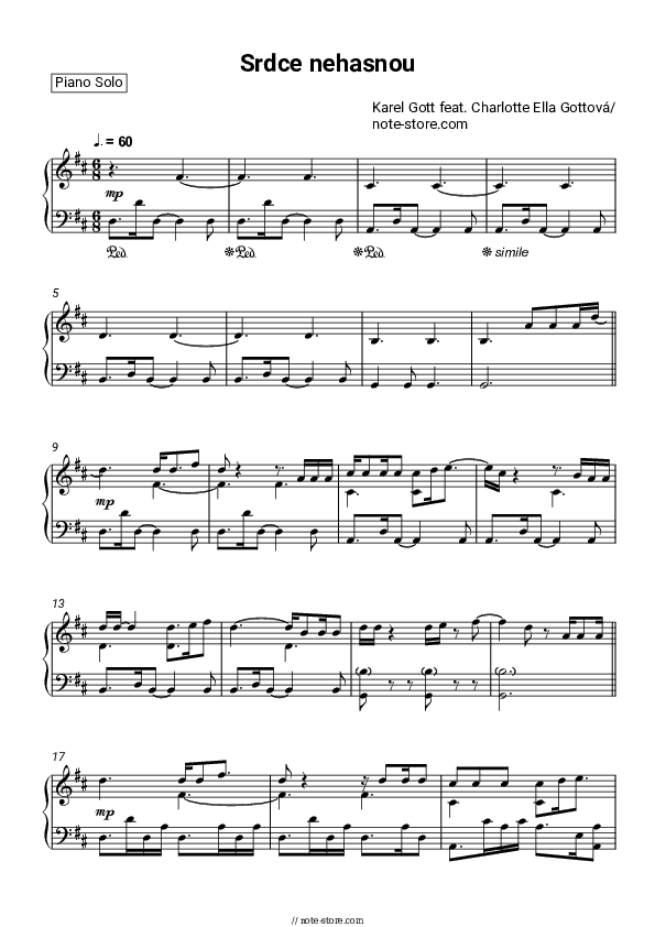 Srdce nehasnou - Karel Gott, Charlotte Ella Gottova Piano Sheet Music - Piano.Solo