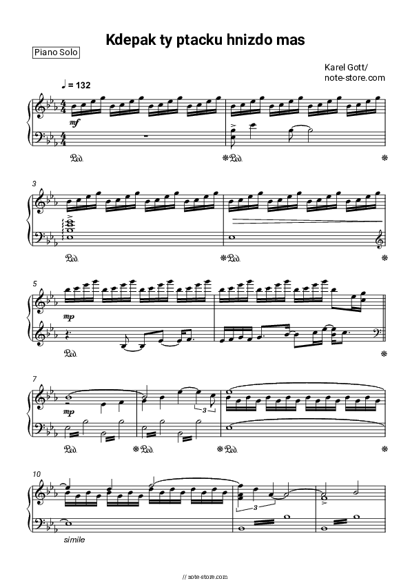 Kdepak ty ptacku hnizdo mas - Karel Gott Piano Sheet Music - Piano.Solo