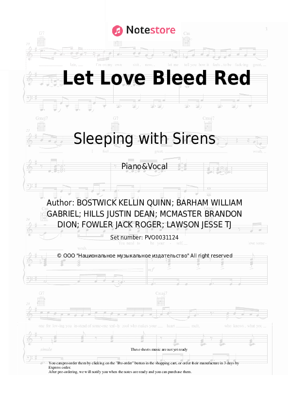 Let Love Bleed Red - Sleeping with Sirens Piano Sheet Music with the Voice part - Piano&Vocal