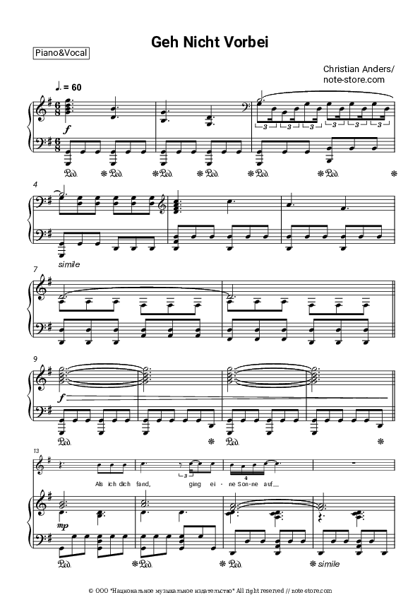 Geh Nicht Vorbei - Christian Anders Piano Sheet Music with the Voice part - Piano&Vocal