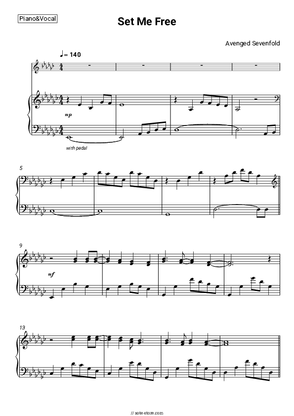 Set Me Free - Avenged Sevenfold Piano Sheet Music with the Voice part - Piano&Vocal