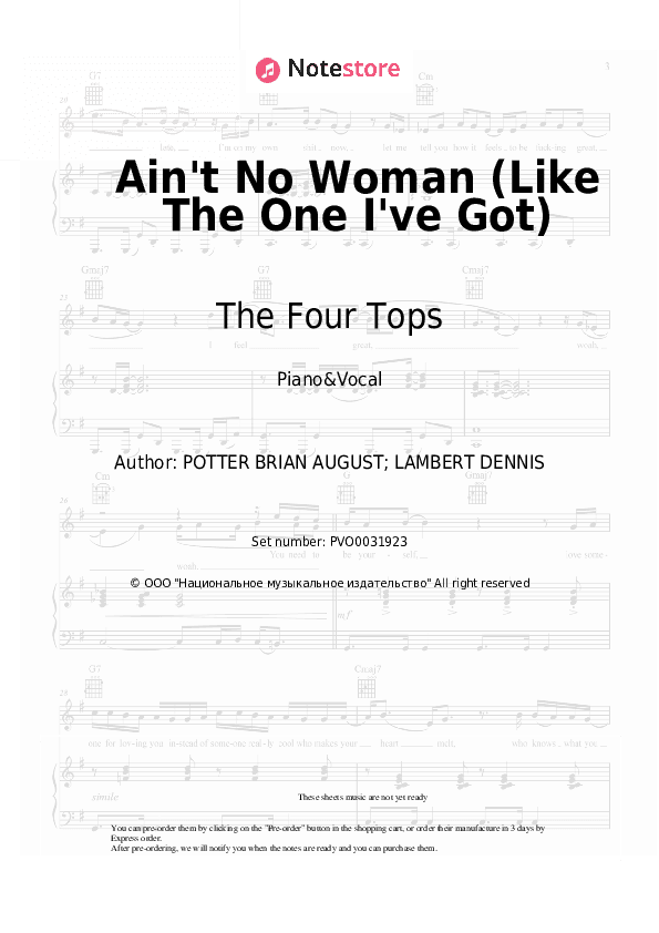 Ain't No Woman (Like The One I've Got) - The Four Tops Piano Sheet Music with the Voice part - Piano&Vocal
