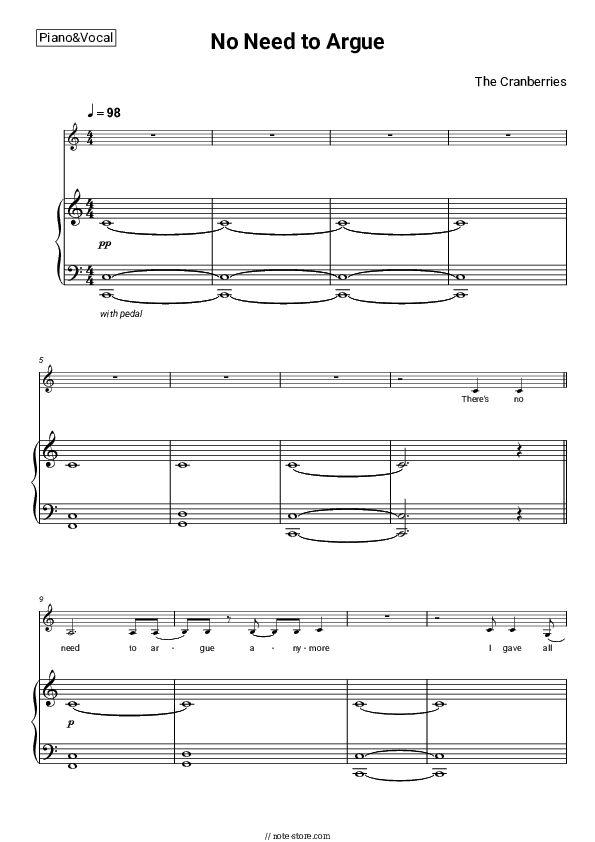 No Need to Argue - The Cranberries Piano Sheet Music with the Voice part - Piano&Vocal