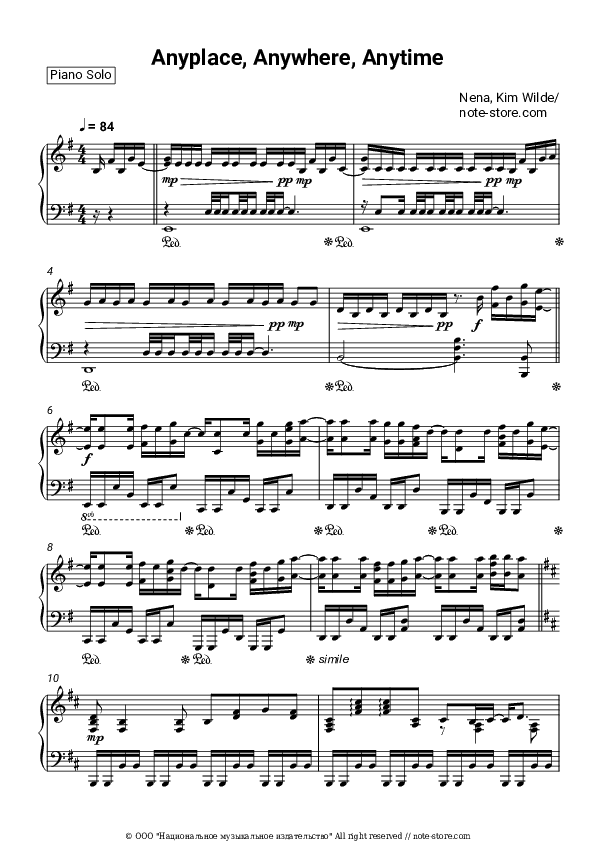 Anyplace, Anywhere, Anytime - Nena, Kim Wilde Piano Sheet Music - Piano.Solo