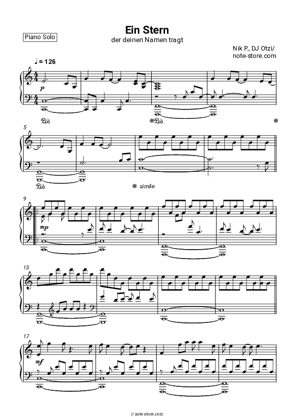 Ein Stern (der deinen Namen tragt) - Nik P., DJ Ötzi Piano Sheet Music - Piano.Solo