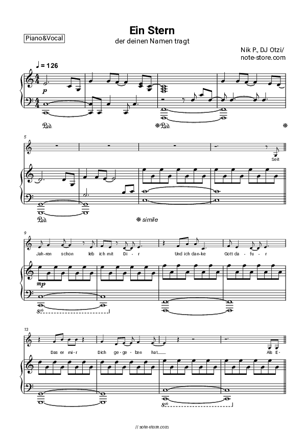 Ein Stern (der deinen Namen tragt) - Nik P., DJ Ötzi Piano Sheet Music with the Voice part - Piano&Vocal