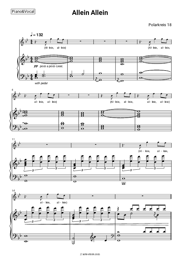 Allein Allein - Polarkreis 18 Piano Sheet Music with the Voice part - Piano&Vocal