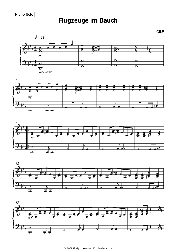 Flugzeuge im Bauch - Oli.P Piano Sheet Music - Piano.Solo