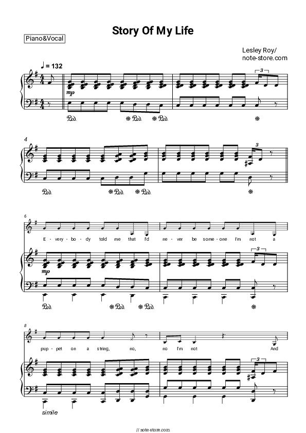 Story Of My Life - Lesley Roy Piano Sheet Music with the Voice part - Piano&Vocal