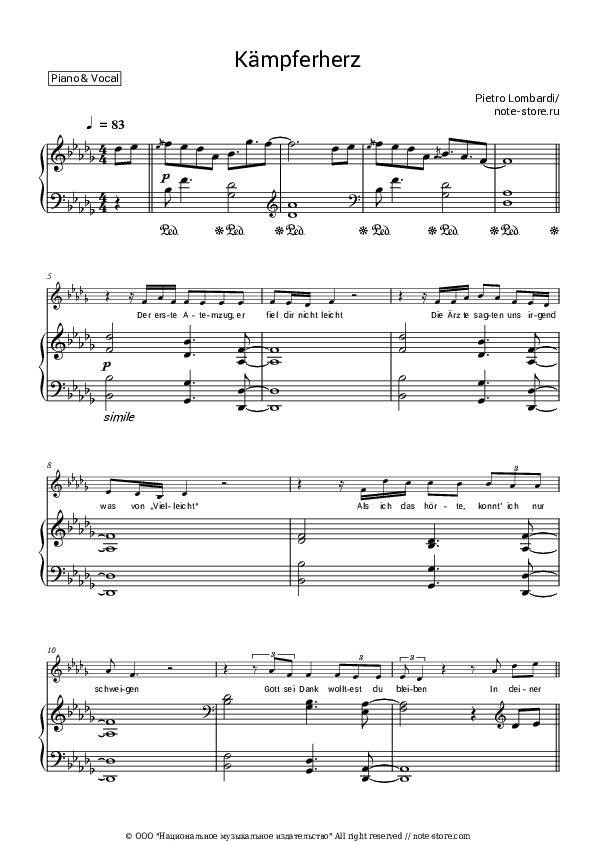 Kampferherz - Pietro Lombardi Piano Sheet Music with the Voice part - Piano&Vocal