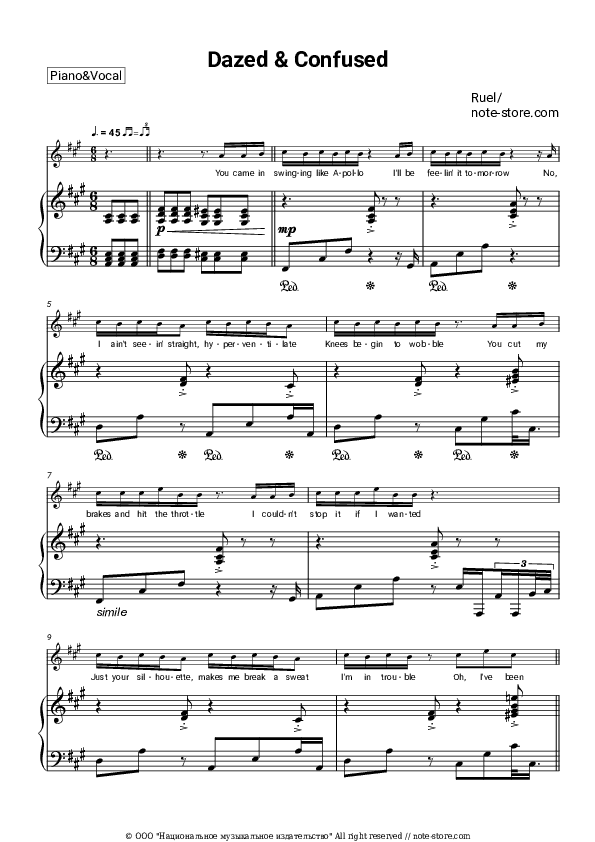 Dazed & Confused - Ruel Piano Sheet Music with the Voice part - Piano&Vocal