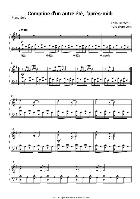 Comptine D'un Autre Ete, L'apres-Midi - Yann Tiersen Piano Sheet Music - Piano.Solo
