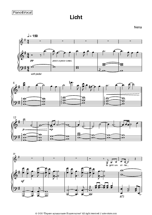 Licht - Nena Piano Sheet Music with the Voice part - Piano&Vocal