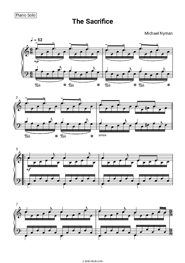 The Sacrifice - Michael Nyman Piano Sheet Music - Piano.Solo
