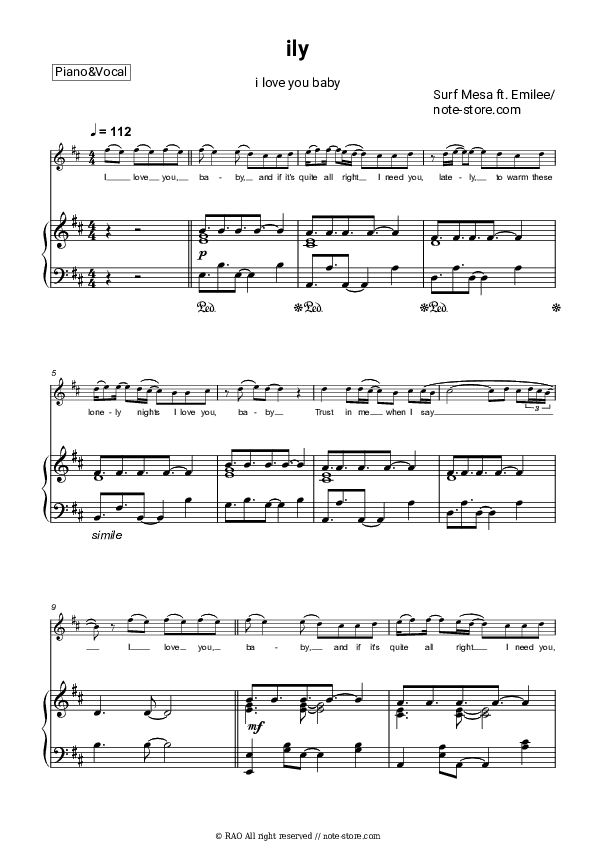 ily (i love you baby) - Emilee, Surf Mesa Piano Sheet Music with the Voice part - Piano&Vocal