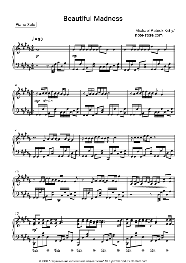 Beautiful Madness - Michael Patrick Kelly Piano Sheet Music - Piano.Solo