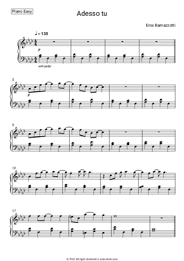 Adesso tu - Eros Ramazzotti Piano Sheet Music Easy - Piano.Easy