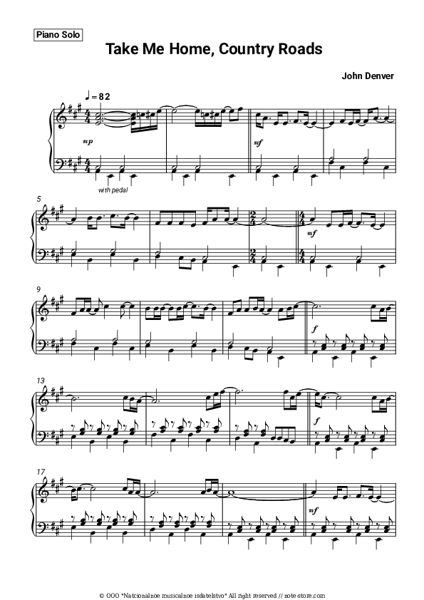 Take Me Home, Country Roads - John Denver Piano Sheet Music - Piano.Solo