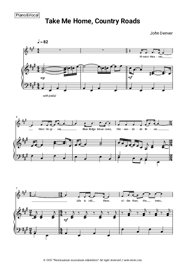 Take Me Home, Country Roads - John Denver Piano Sheet Music with the Voice part - Piano&Vocal