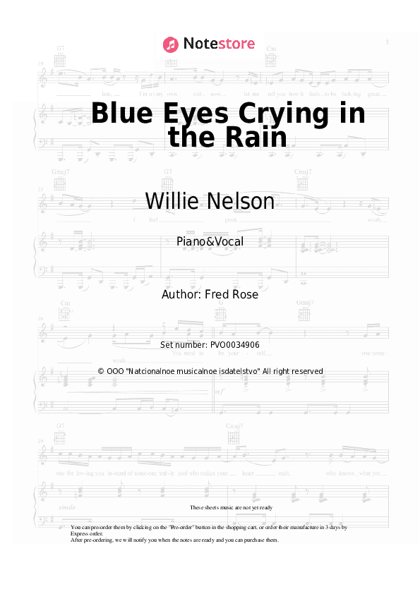Blue Eyes Crying in the Rain - Willie Nelson Piano Sheet Music with the Voice part - Piano&Vocal