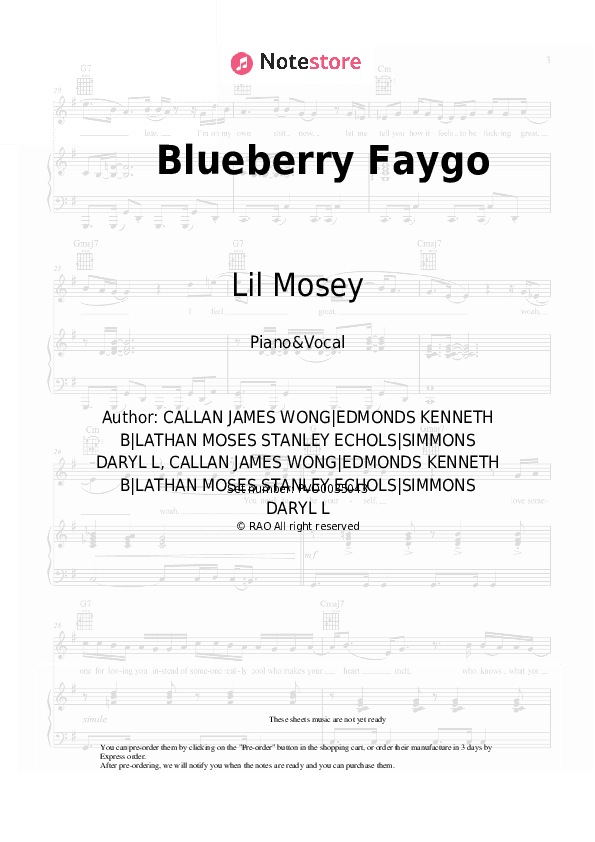 Blueberry Faygo - Lil Mosey Piano Sheet Music with the Voice part - Piano&Vocal