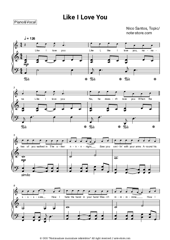 Like I Love You - Nico Santos, Topic Piano Sheet Music with the Voice part - Piano&Vocal