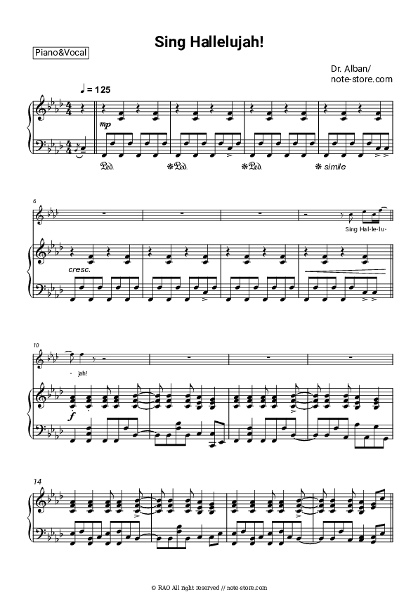 Sing Hallelujah! - Dr. Alban Piano Sheet Music with the Voice part - Piano&Vocal