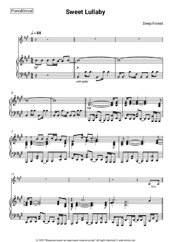 Sweet Lullaby - Deep Forest Piano Sheet Music with the Voice part - Piano&Vocal