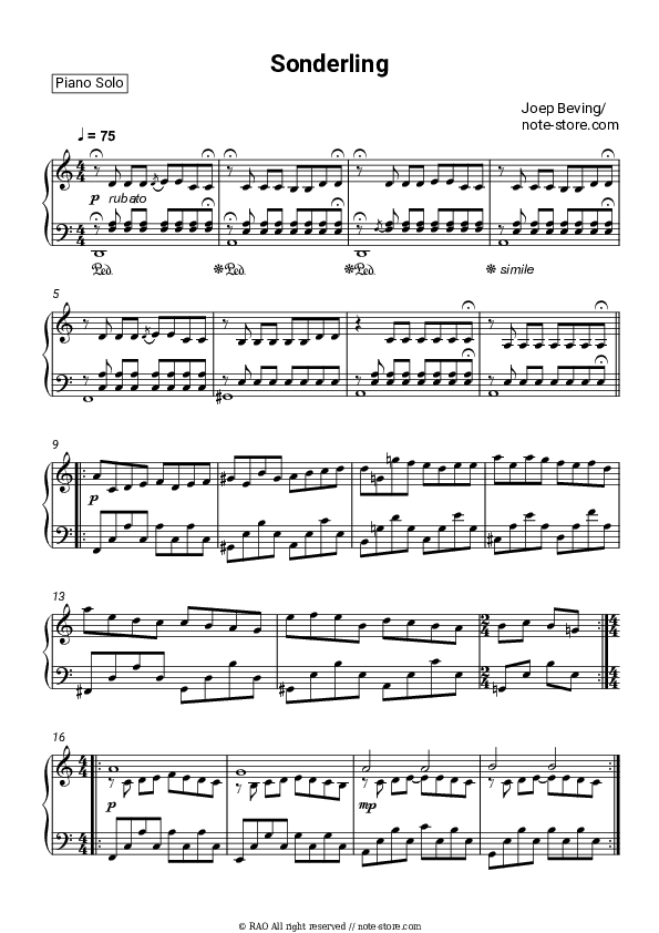 Sonderling - Joep Beving Piano Sheet Music - Piano.Solo