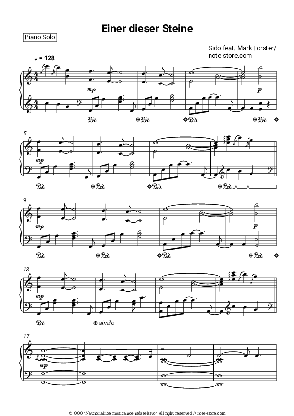 Einer dieser Steine - Sido, Mark Forster Piano Sheet Music - Piano.Solo