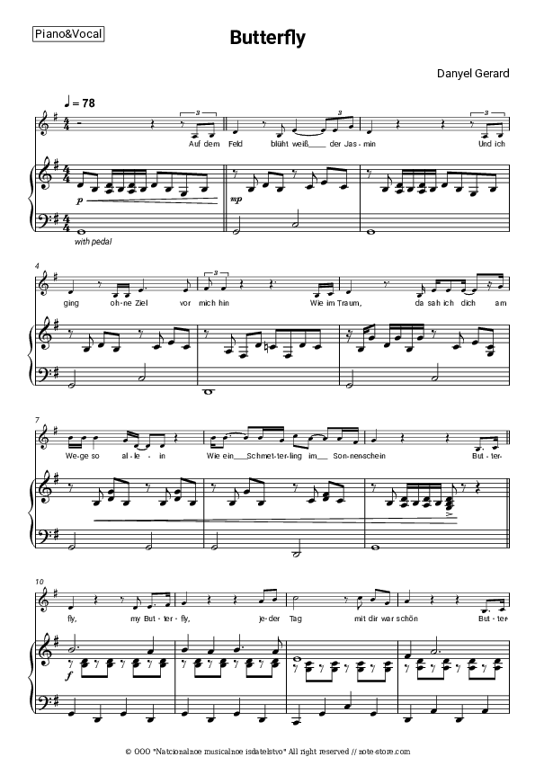 Butterfly (deutsch) - Danyel Gerard Piano Sheet Music with the Voice part - Piano&Vocal
