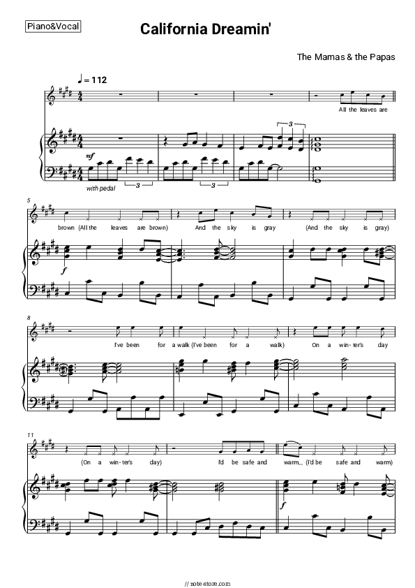 California Dreamin' - The Mamas & the Papas Piano Sheet Music with the Voice part - Piano&Vocal