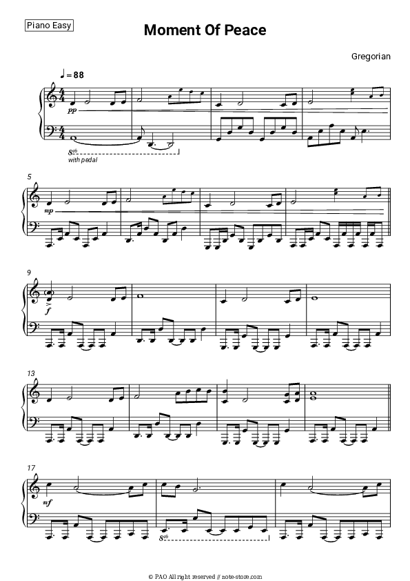 Moment Of Peace - Gregorian Piano Sheet Music Easy - Piano.Easy