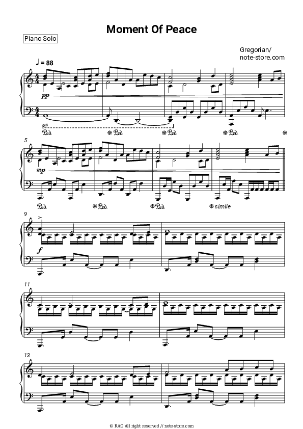 Moment Of Peace - Gregorian Piano Sheet Music - Piano.Solo