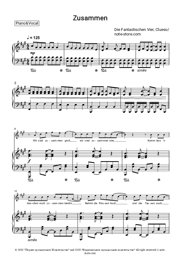 Zusammen - Die Fantastischen Vier, Clueso Piano Sheet Music with the Voice part - Piano&Vocal