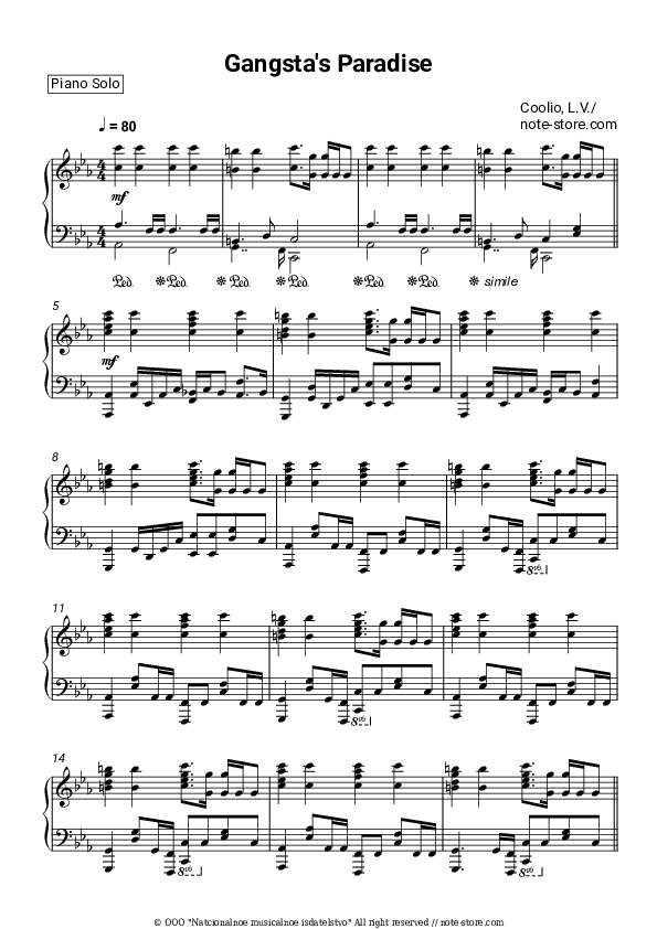 Gangsta's Paradise - Coolio, L.V. Piano Sheet Music - Piano.Solo