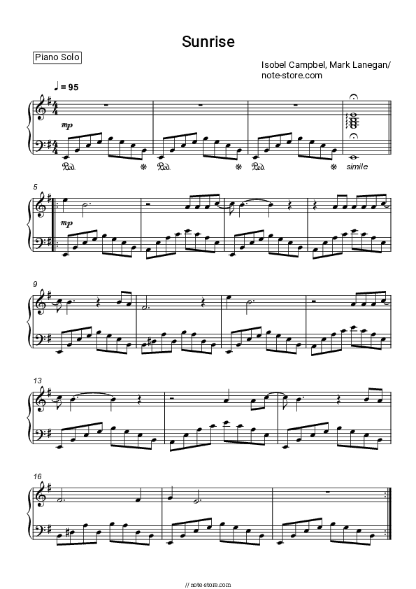 Sunrise - Isobel Campbell, Mark Lanegan Piano Sheet Music - Piano.Solo