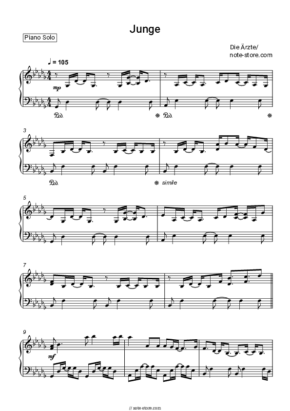 Junge - Die Ärzte Piano Sheet Music - Piano.Solo