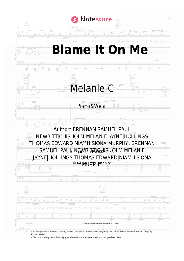 Blame It On Me - Melanie C Piano Sheet Music with the Voice part - Piano&Vocal