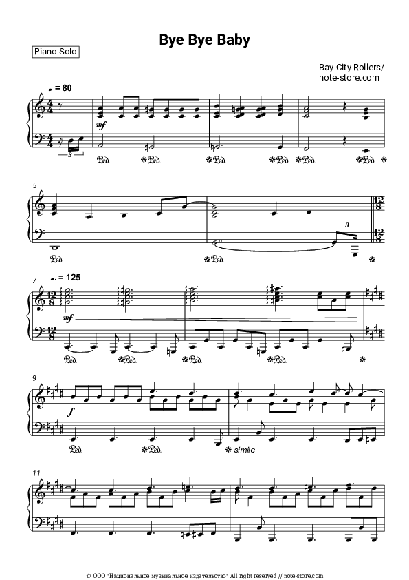 Bye Bye Baby - Bay City Rollers Piano Sheet Music - Piano.Solo