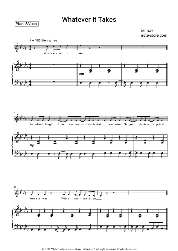 Whatever It Takes - Milow Piano Sheet Music with the Voice part - Piano&Vocal