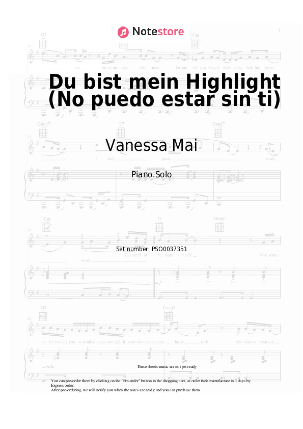 Du bist mein Highlight (No puedo estar sin ti) - Vanessa Mai, Lerica Piano Sheet Music - Piano.Solo