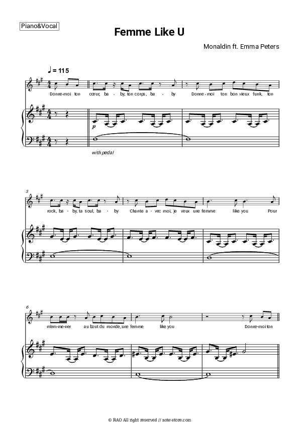 Femme Like U - Monaldin, Emma Peters Piano Sheet Music with the Voice part - Piano&Vocal